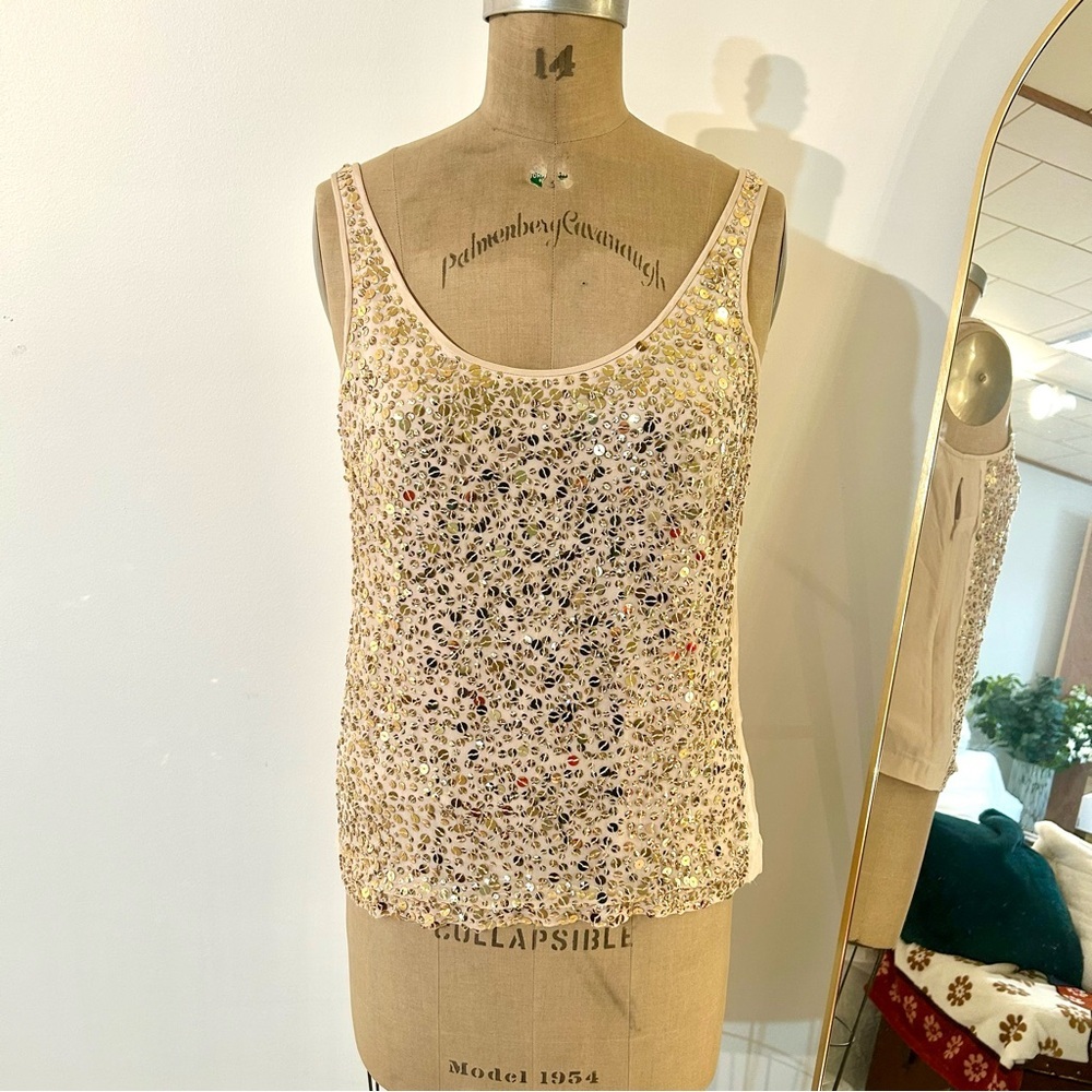 J. Crew women’s Silk Gold & Pink Embellished Sequin Tank Top Sz 6 EUC
